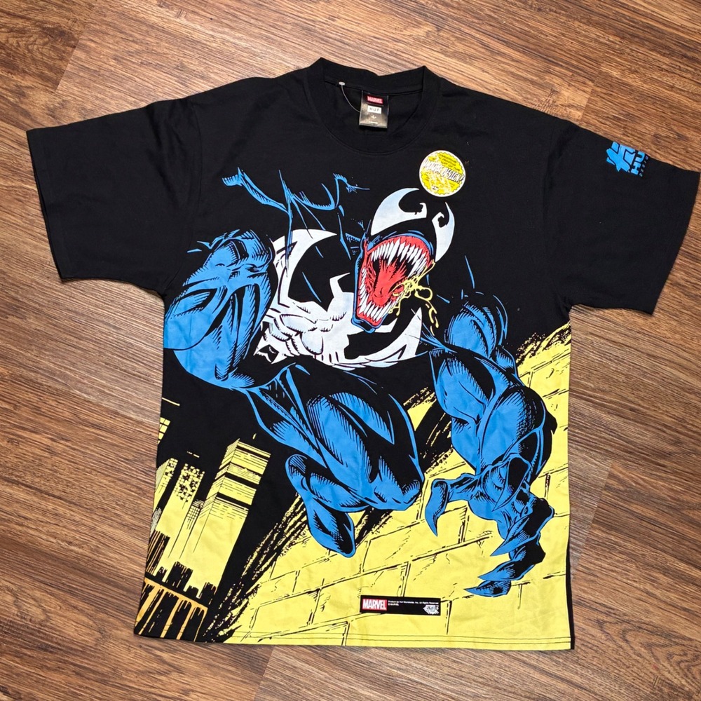 Marvel x HUF Venom Graphic T-Shirt Men's Size L Black AOP Comic Style Rare